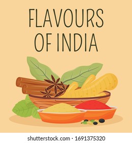 Indian spices social media post mockup. Flavours of India phrase. Web banner design template. Traditional condiments booster, content layout with inscription. Poster, print ads and flat illustration