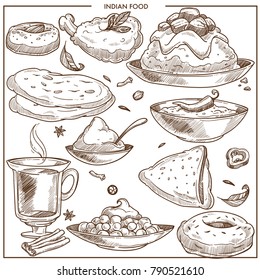 Indian spicy exotic food monochrome illustrations set