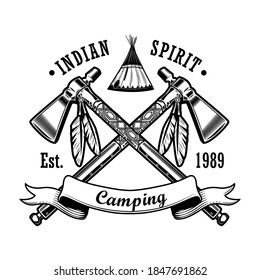 Indian Spirit camping vector illustration. Wigwam, crossed axes, text. Native Americans and Red Indian concept for emblems or labels templates