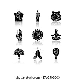 Indian spiritual symbols drop shadow black glyph icons set. Om sound representation. Yoga practitioner. Namaste gesture. Lord Ganesha. Henna body art. Isolated vector illustrations on white space