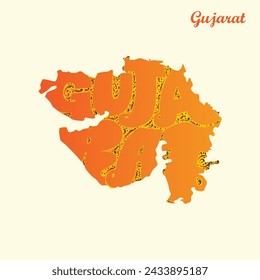 Indischer Bundesstaat Gujarat Karte mit Typografie und floralen Gestaltungselementen.