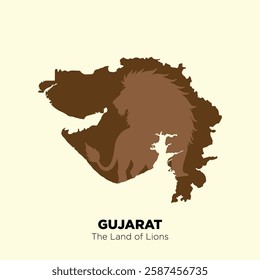 Indian State Gujarat silhouette Vector Map with a Lion Inside, double exposer style