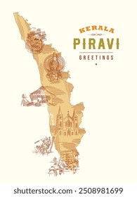 Indian state Kerala foundation day greetings design. Drawing of famous landmarks, traditional art forms and boat race along with the Kerala map.