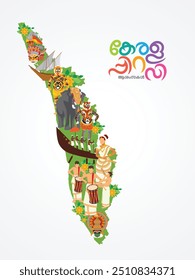 Indian state Kerala foundation day greetings design. illustration of traditional art forms, boat race and festivals along with the Kerala map.