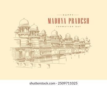 Indian state Madhya Pradesh formation day greetings design template with the illustration of the famous landmark Gwalior fort.