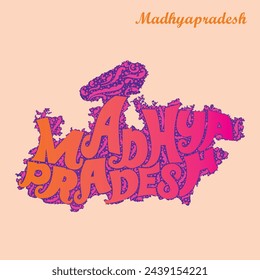 Indian state Madhya Pradesh vector map with typography and floral design elements.