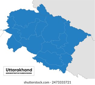 Indian state uttarakhand, Dev bhoomi in North India Blue and white stroke outline for Districts, kumaoni, Garhwal with Political  administrative subdivisions simple flat geographic map editable vector