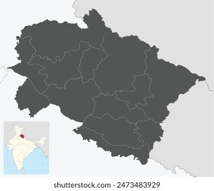 Indian state uttarakhand, Dev bhoomi in North India black fill and grey stroke outline for Districts, kumaoni, Garhwal. Political administrative subdivisions simple flat geographic map editable vector