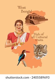 Indian state West Bengal map with culture collage with various elements. vector illustration of Bengali woman.