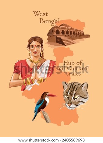 Indian state West Bengal map with culture collage with various elements. vector illustration of Bengali woman.