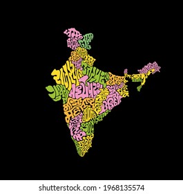 Indian states name written in Twelve Indian Scripts languages in state's map shape. Concept is showing variation of Indian languages scripts.  Bharat map showing languages uniti. 