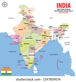 Indian States & Union Territories after bifurcation of former state of Jammu & Kashmir