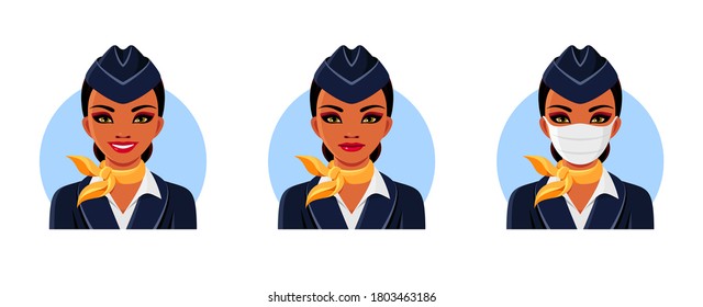 Indian stewardess with smile and medical face mask. Air hostess avatars set. Vector isolated illustrations for professional behavior in various life situations