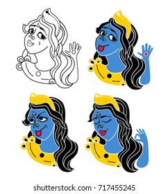 Indian sticker goddess Kali. Character design different type of emotions. Kali in meditation. Sticker for Maha Shivratri, a Hindu festival celebrated of Lord Shiva.