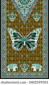 Indian stock seamless pattern with butterfly and elephant motifs, ornamental background