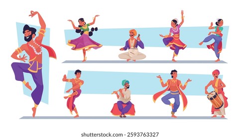 Indian street artist. Authentic musician and dancers from indian culture exact vector cartoon characters