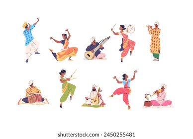 Indian street artists. Artist performing cobra and flute, folk musician dancing play music instrument india culture traditional concert, drumming player classy vector illustration of traditional art