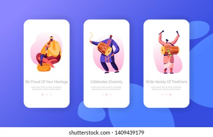 Indian Street Artists Play Music on Traditional Instruments, Yogi Playing on Pipe for Cobra Snake Mobile App Page Onboard Screen Set Concept for Website or Web Page, Cartoon Flat Vector Illustration