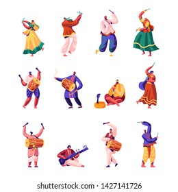 Indian Street Artists Set. Musicians and Dancers in Colorful Dress Performing on Street Playing Traditional Instruments, Yogi Charming Cobra, Play Music on Drums, Cartoon Flat Vector Illustration