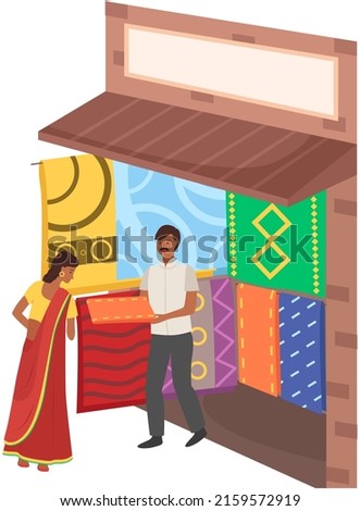 Indian street bazaar, man sells carpets and textile to female buyer or tourist. Asian street market with authentic goods. Local trade. Indian merchant marketplace, rugs and tapises isolated on white