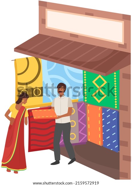 Indian street bazaar, man sells carpets and textile\
to female buyer or tourist. Asian street market with authentic\
goods. Local trade. Indian merchant marketplace, rugs and tapises\
isolated on white