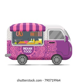 Indian street food caravan trailer. Colorful vector illustration, cartoon style, isolated on white background