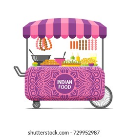 Indian street food cart. Colorful vector illustration, cartoon style, isolated on white background