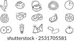 Indian Street Food Doddle Set,Line art for delicacy clip-art,Sweet and Salty Dishes icon set.Background design element. 