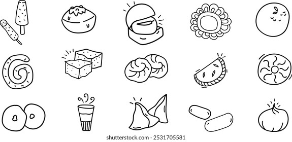 Indian Street Food Doddle Set,Line art para delicadeza clip-art,Sweet and Salty Dishes ícone set.Background elemento de design. 