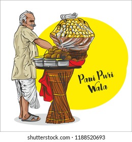 Indian Street Food. Pani Puri  Seller Vector Illustration