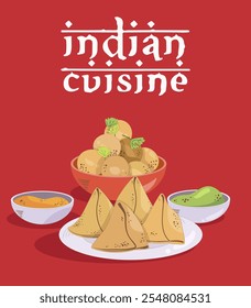 indian street food samosa. Samosa on plate with sauces in bowl. Indian traditional food.