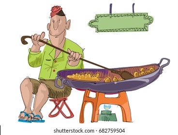 An Indian Street Food Vendor Offers Traditional Indian Dish - Cartoon