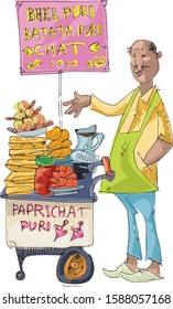 Indian Street Food Vendor Is Selling Traditional Indian Dish BHEL PURI - Cartoon