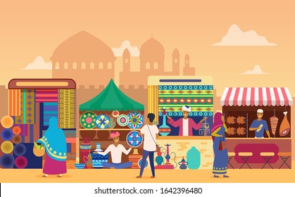 Indian street market at sunset flat vector illustration. Cartoon characters shopping at outdoor marketplace. Cheerful vendors selling handmade home decor goods. Sellers at stalls. Temples background