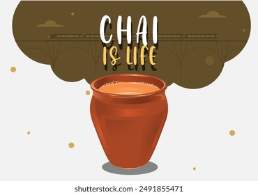 Indian street matki tea in brown mud cup on white background. Chai is Indian drink. Karak Milk Chai Illustration.