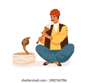 Indian Street Musician Playing Traditional Instrument For Snake. Happy Man In Turban Performing Folk Music With Pungi For Cobra. Colored Flat Vector Illustration Isolated On White Background