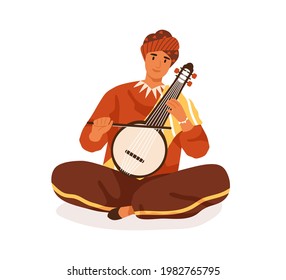 Indian Street Musician Playing Traditional String Instrument, Vina Or Veena. Happy Smiling Man In Turban And Ethnic National Costume Performing Folk Music. Flat Vector Illustration Isolated On White