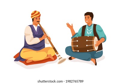 Indian Street Musicians Playing Shehnai And Dholak Drum. Happy Men Performing Traditional Folk Music On National Instruments Of India. Colored Flat Vector Illustration Isolated On White Background