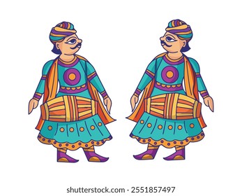 Indian street musicians playing shehnai and dholak drum. Happy men performing traditional folk music on national instruments of India. Colored flat vector