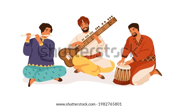 Indian street musicians playing traditional
folk music on national instruments. Men in ethnic clothes
performing on sitar, bansuri and drum. Flat vector illustration
isolated on white
background