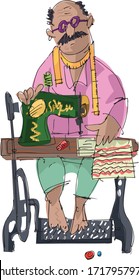 An indian street tailor sews with pedal machine at his work stall. Caricature. Sketch.