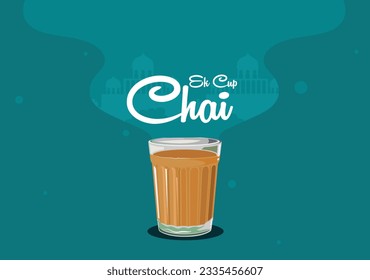 Indian street tea in glass cup. Chai is Indian drink. Karak Milk Chai Illustration.