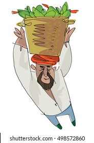 an indian street tea vendor is balancing heavy weight of vegetables on his head  - cartoon