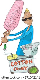 Indian street vendor is making and offering cotton candy. Cartoon. Sketch. Caricature.