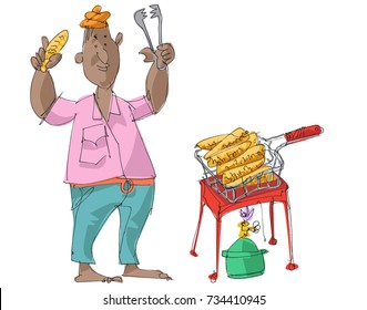 An indian street vendor in turban offers delicious roasted corn cobs. Character. Cartoon.