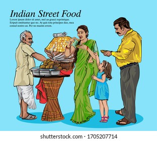 Indian Streets Food Golgappe or Panipuri Vector illustration. people eating food vector