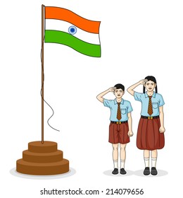 Indian student saluting flag of India in vector background