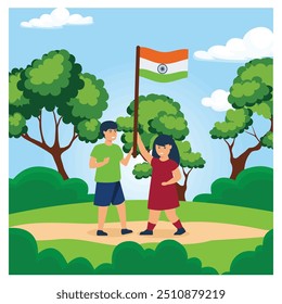 Estudiantes indios o niños sosteniendo banderas con fondo verde, celebrando el día de la independencia. ilustración moderna de Vector plano 