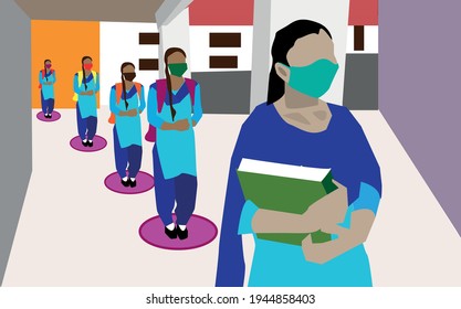 Indian Students Wearing Face Masks Maintaining Social Distancing At  School Reopen During Covid19