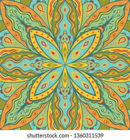 Indian style background. Colorful ethnic pattern. Fancy mystic ornament. Abstract lotus concept. Symmetric tattoo style backdrop. Vector illustration.